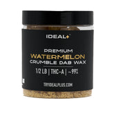 Clear plastic jar with black lid containing Watermelon 95% THCa Crumble Dab Wax